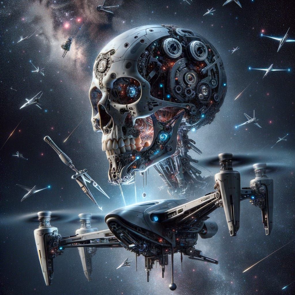 Mechanical Drone Skull Repairs Futuristic Spaceship in Cosmo...