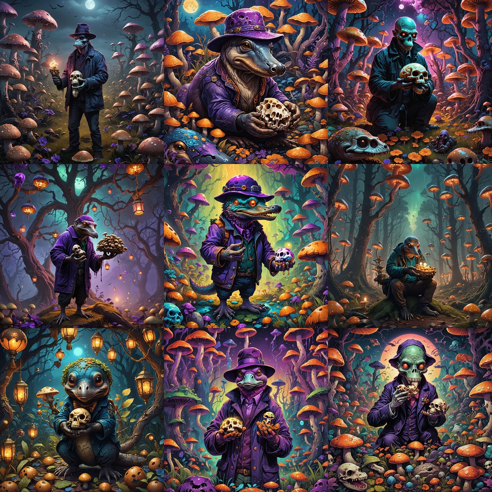 Psychedelic Platypus with Skull and Mushroom