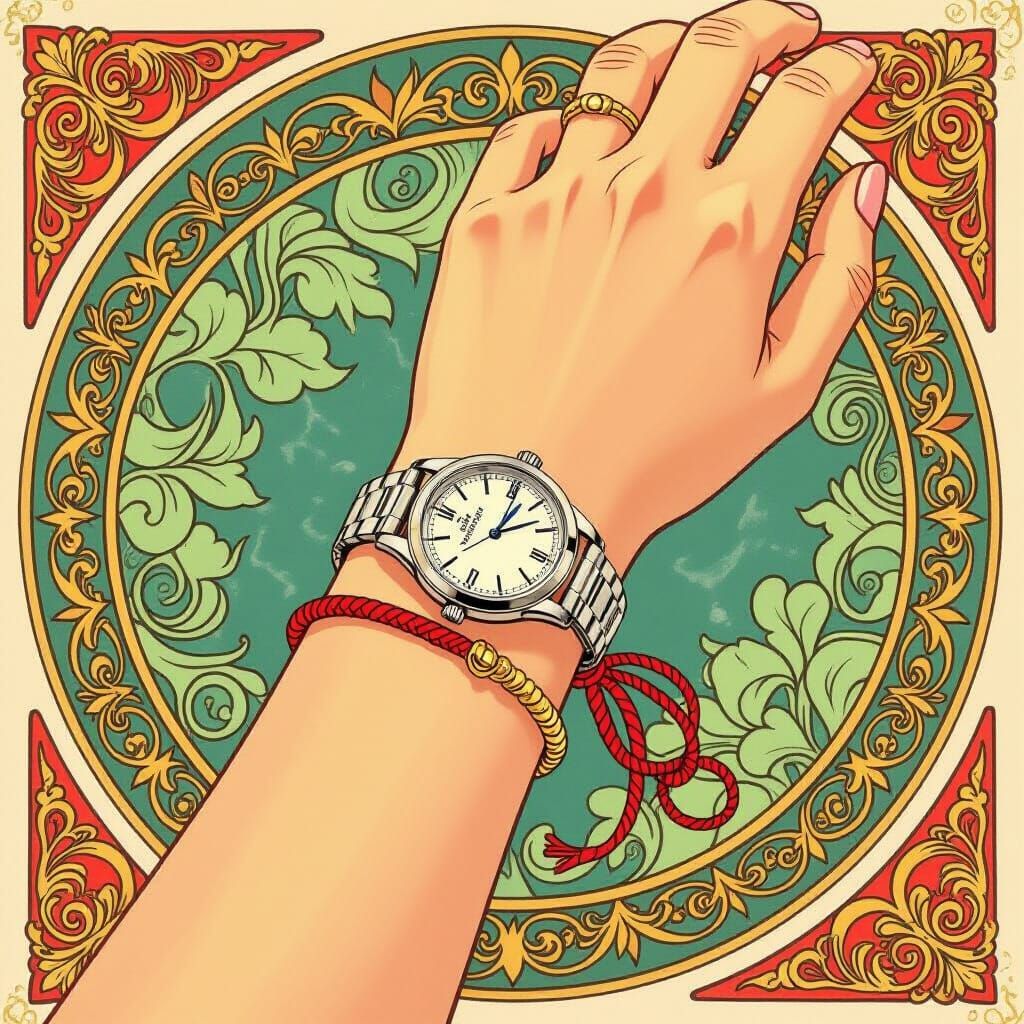Woman's Wrist with Red Thread and Jewelry, Art Nouveau Style