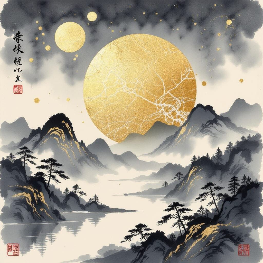 Kintsugi Ink Wash Landscape with Gold Craquelure