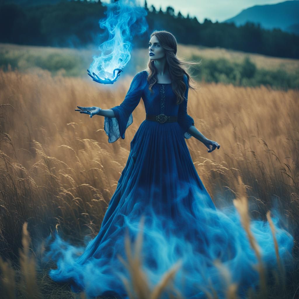 Cinematic Witch Casting Spell with Blue Aura