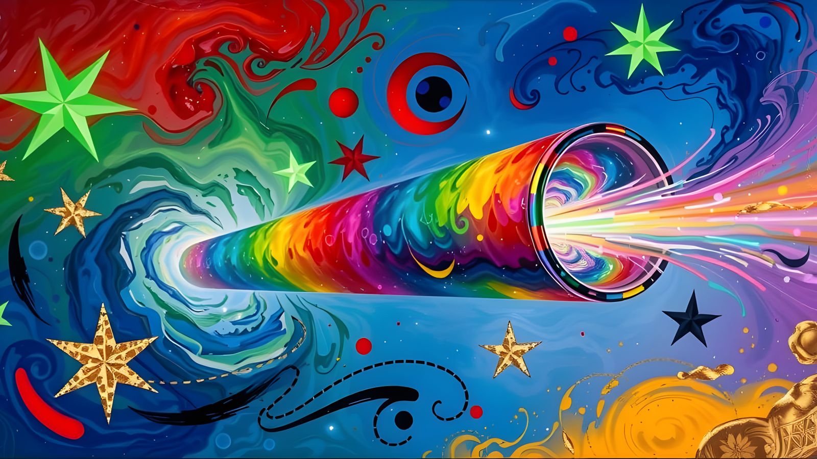 Vivid Rainbow Cylinder with Cosmic Impasto Paint Vortex
