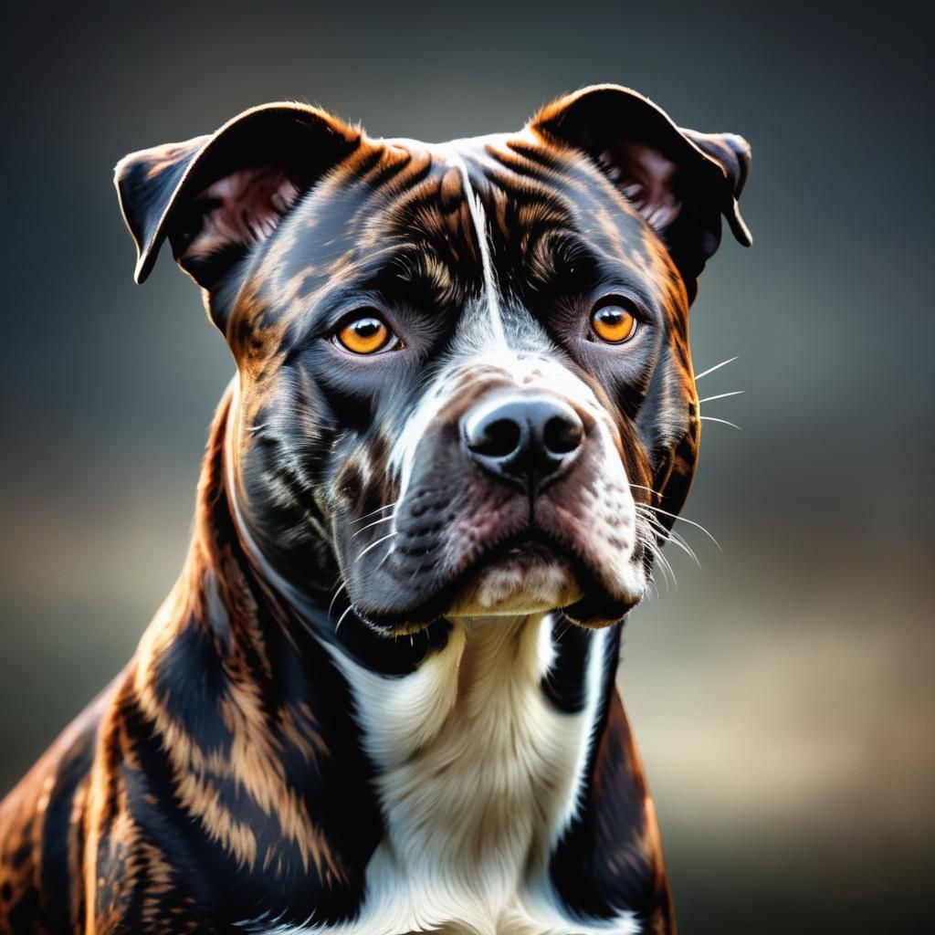 Brindle Staffihasire Dog Portrait in Moody Lighting