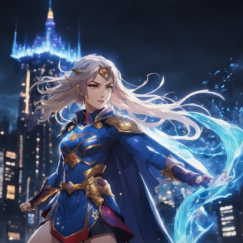 Heroic Anime Super Girl Soars Above a Futuristic Cityscape