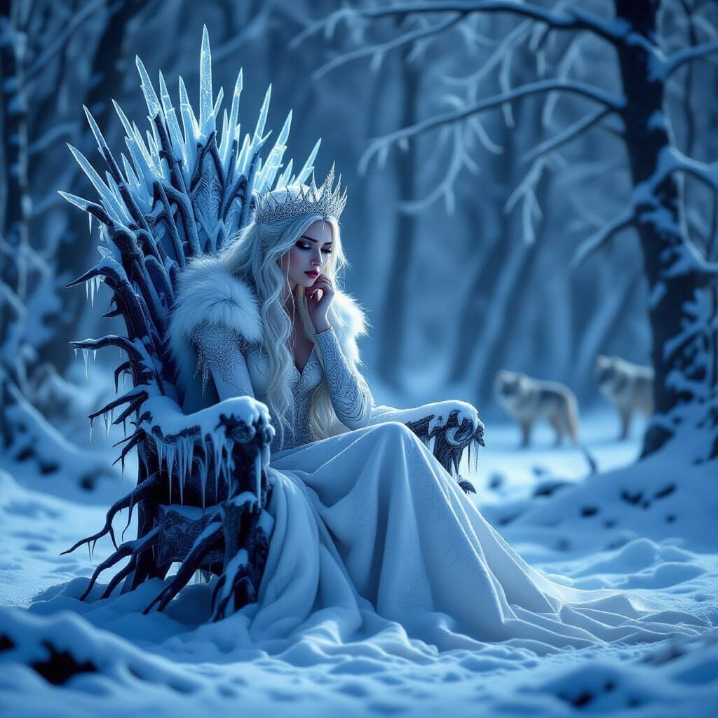 Melancholic Ice Queen in Frozen Forest