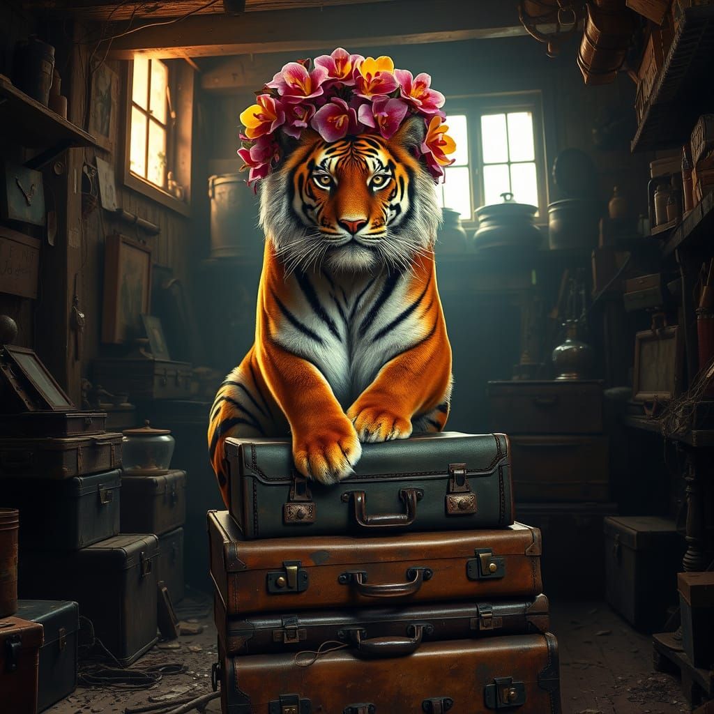 Tiger King in Dusty Attic: Matte Painting