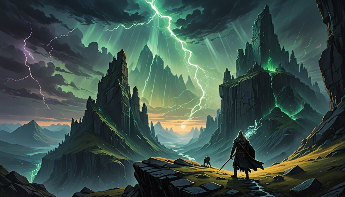 Epic Storm-Bringer Warrior in Nordic Fantasy Landscape with...