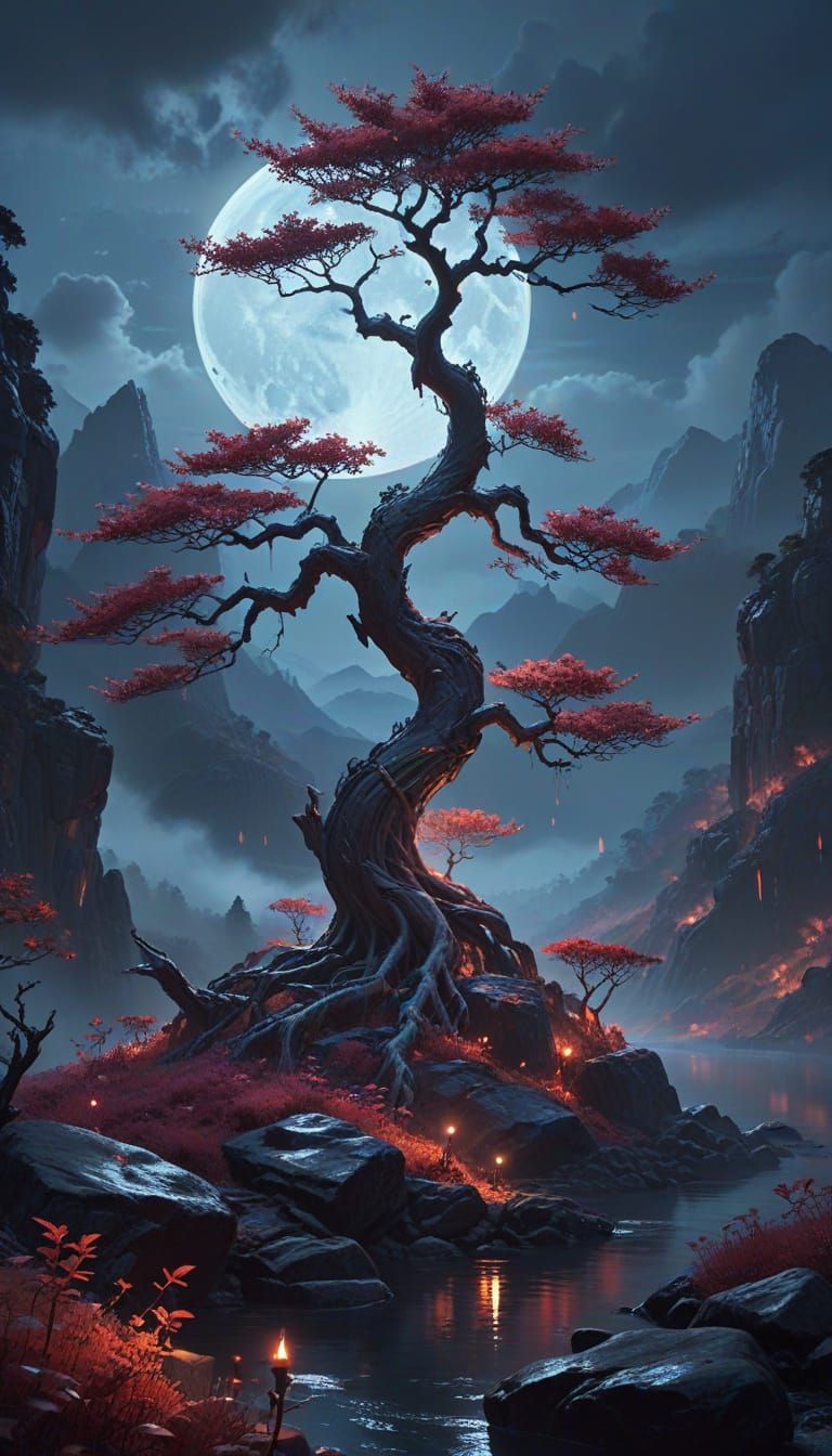 Fantasy Landscape with Bonsai Tree and Glowing Moon