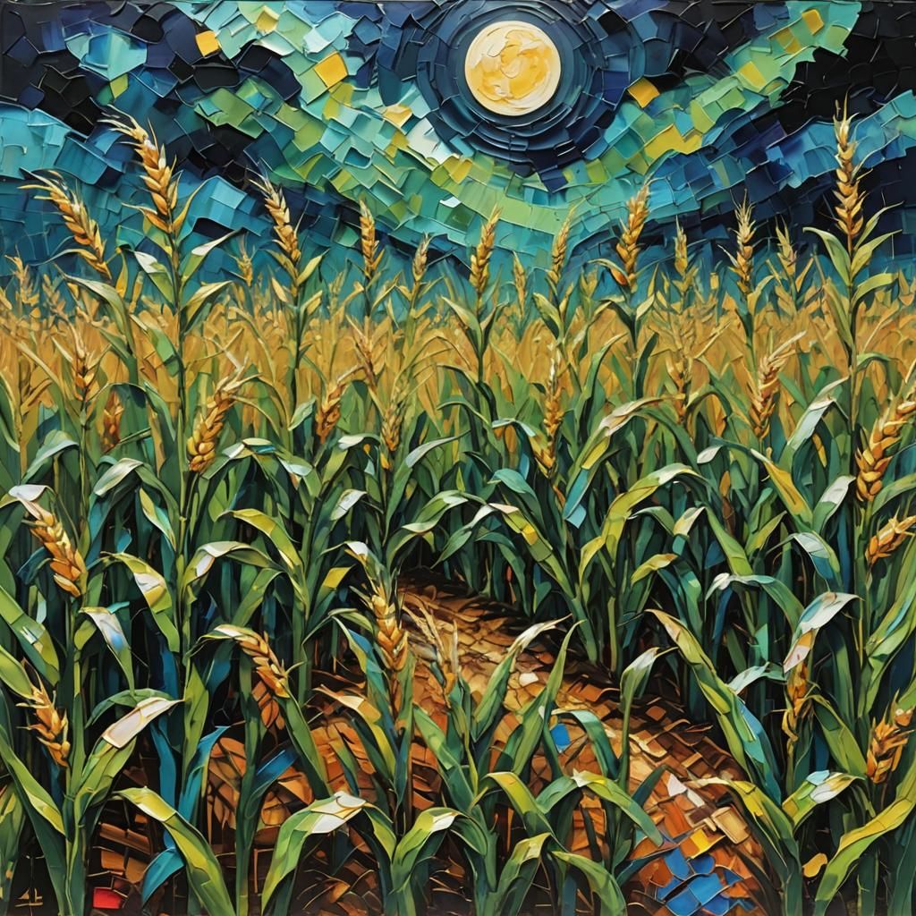 Moonlit Cornfield: Impasto Painting with Collage Elements