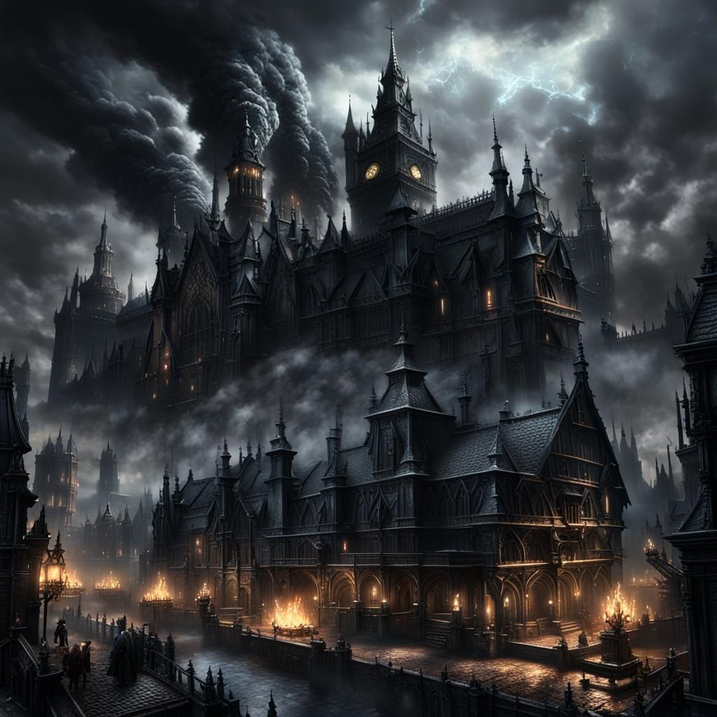Bloodborne Inspired Gothic Cityscape with Black Smoke