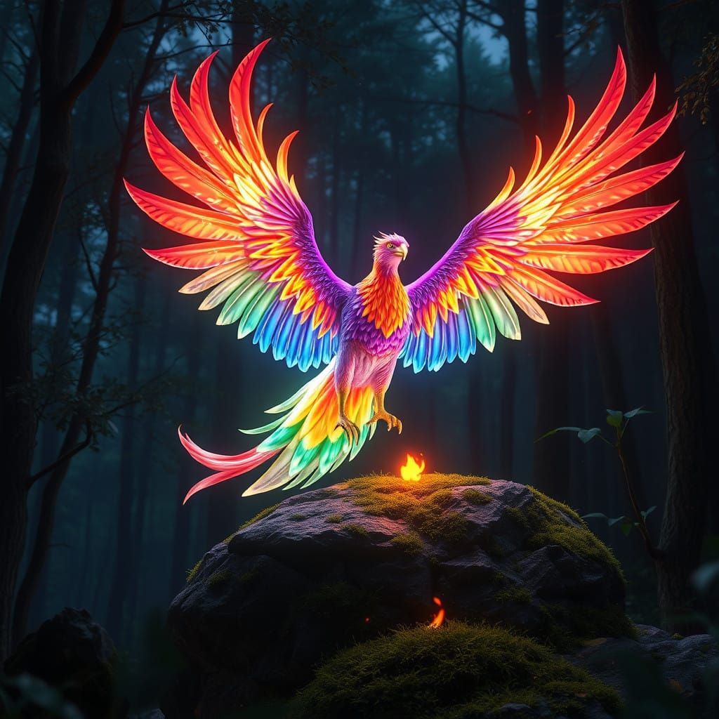 Vibrant Phoenix Takes Flight Under Magical Forest Skies