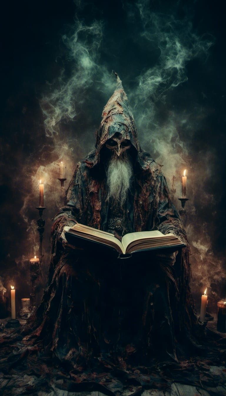 Macabre Wizard Reading a Magic Book