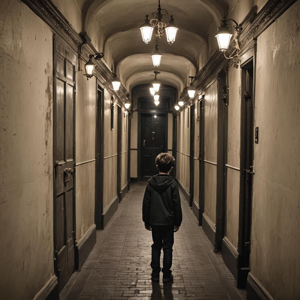 Boy in Dreamlike Victorian Corridor