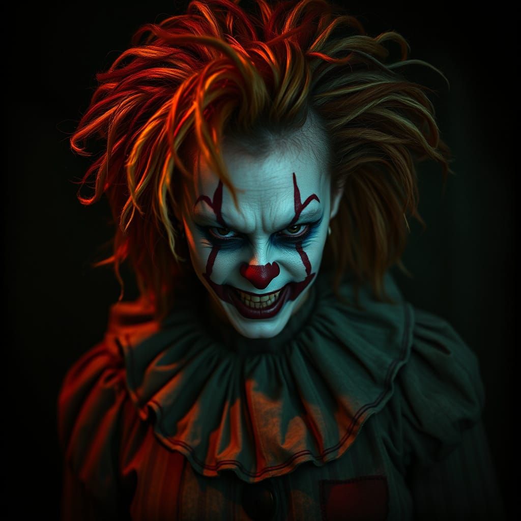 Malevolent Clown in Distressed Costume, Shrouded in Dark Atm...