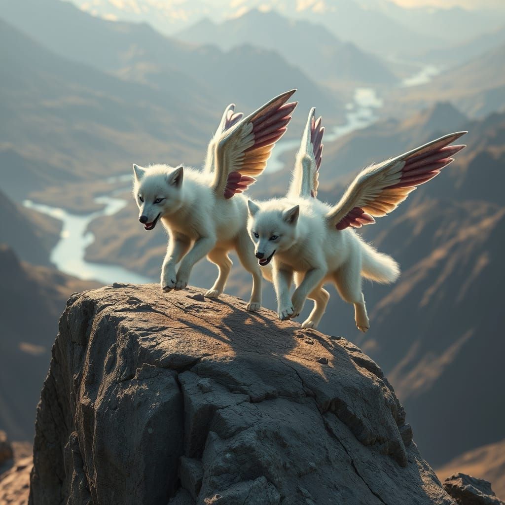 Winged Dire Wolf Cubs Play on High Plateau