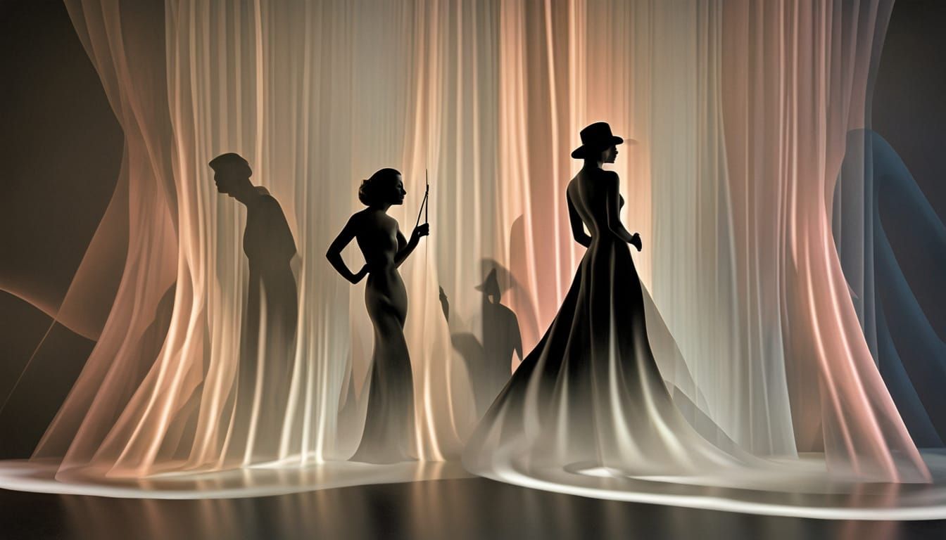 1930s film noir sinister elegant man woman fractal opart fog beautiful  shadows waves sculpture  3D deco nouveau standal...