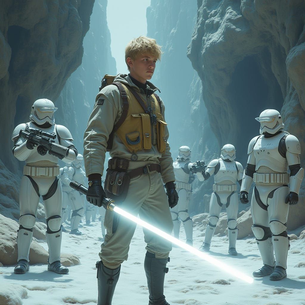 Icy Cavern Battle with Lightsaber, Futuristic Realism