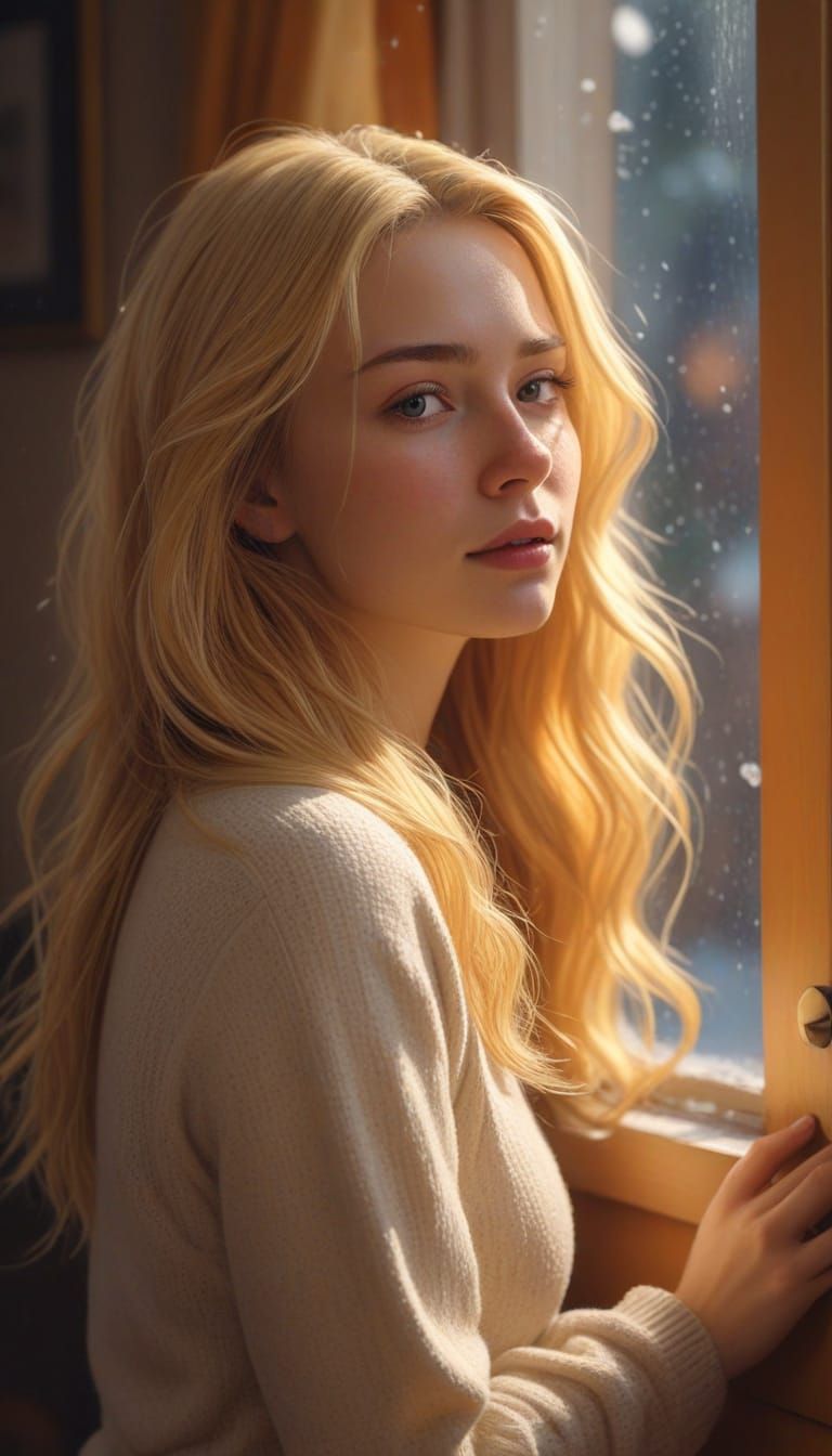 Cozy Winter Room with Woman Shivering, Oil Painting