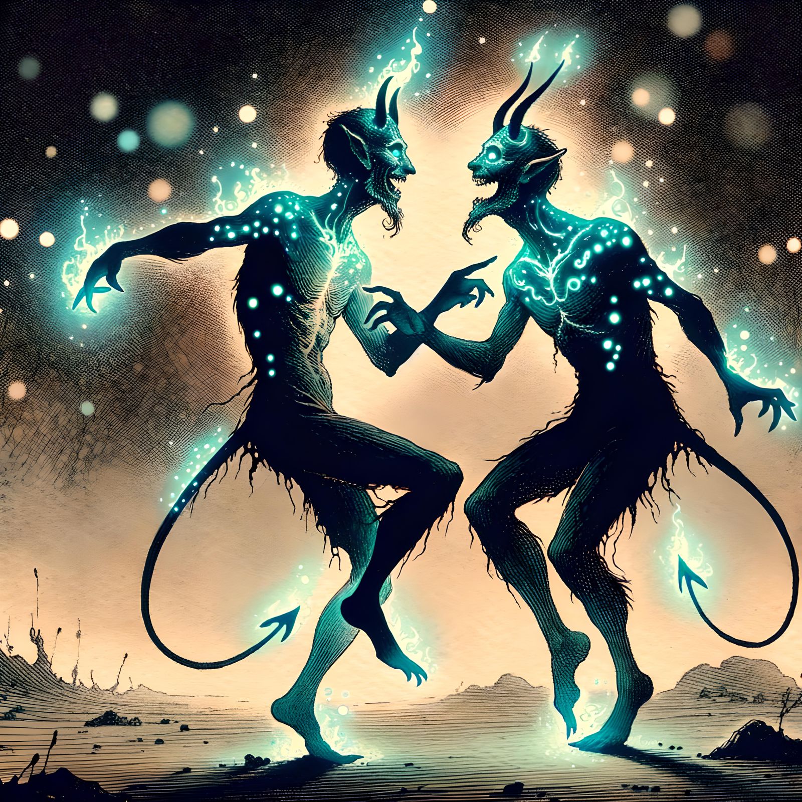 Dancing Devils in Late 1800s Watercolor Style