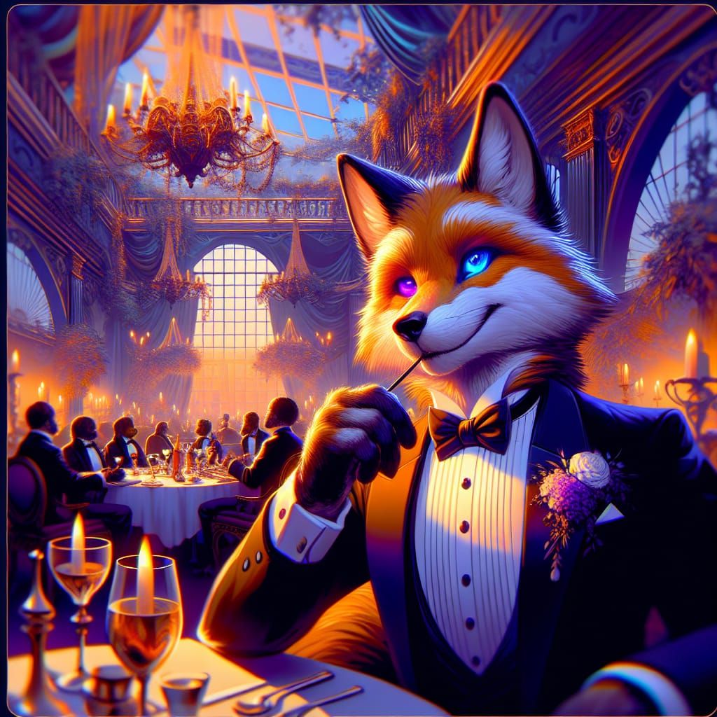 Fox in Tuxedo at Lavish Dinner Party