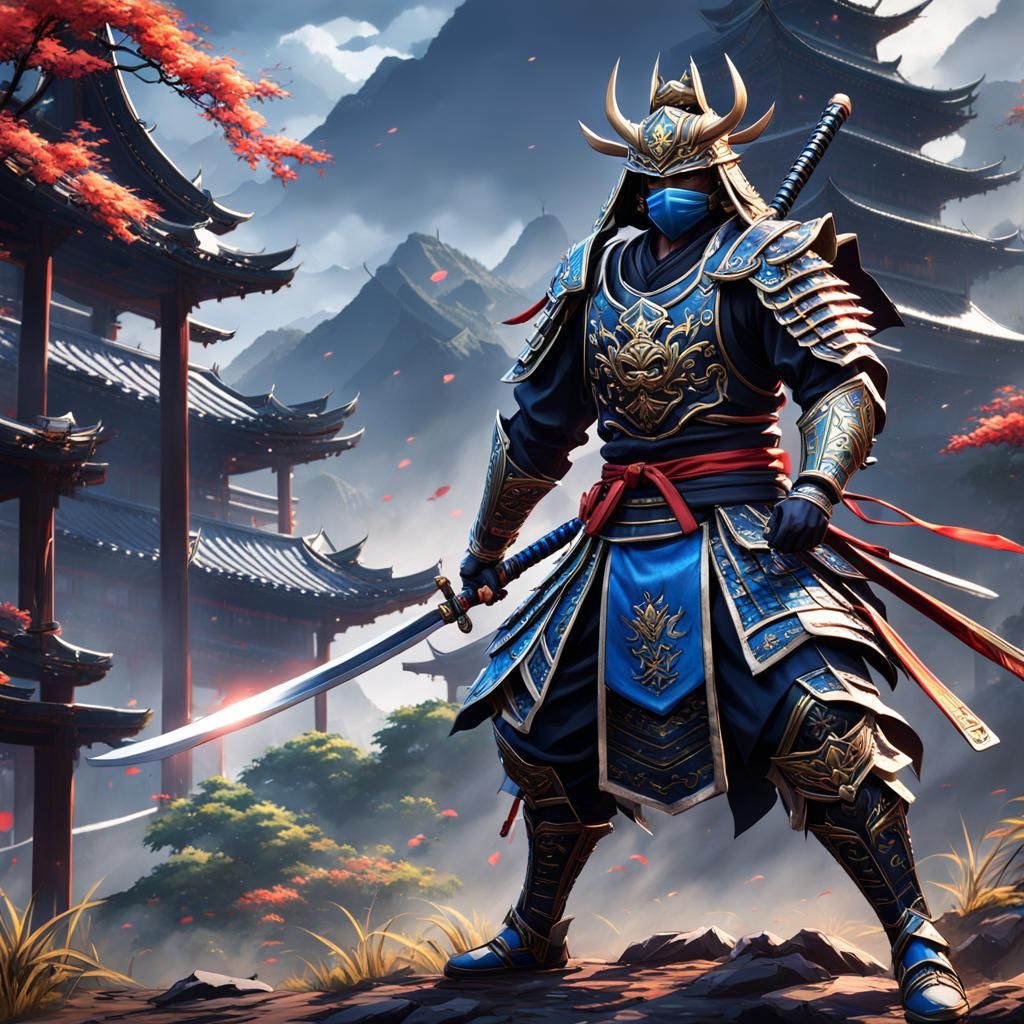 Anime samurai-like warrior wearing a mask and black and blue armor, holding an energy katana, detailed matte painting, d...
