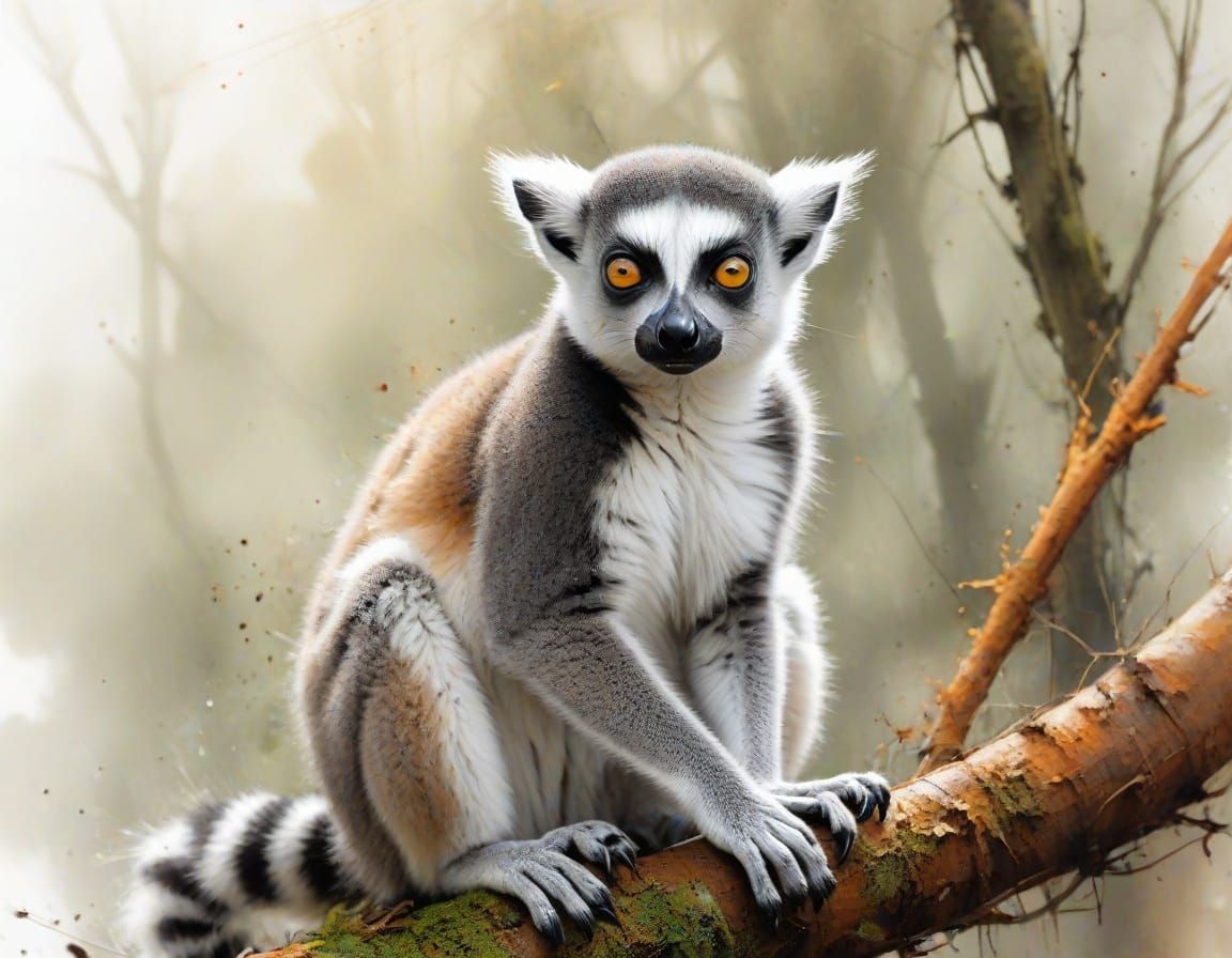 Ring-tailed Lemur in Stylized Watercolour