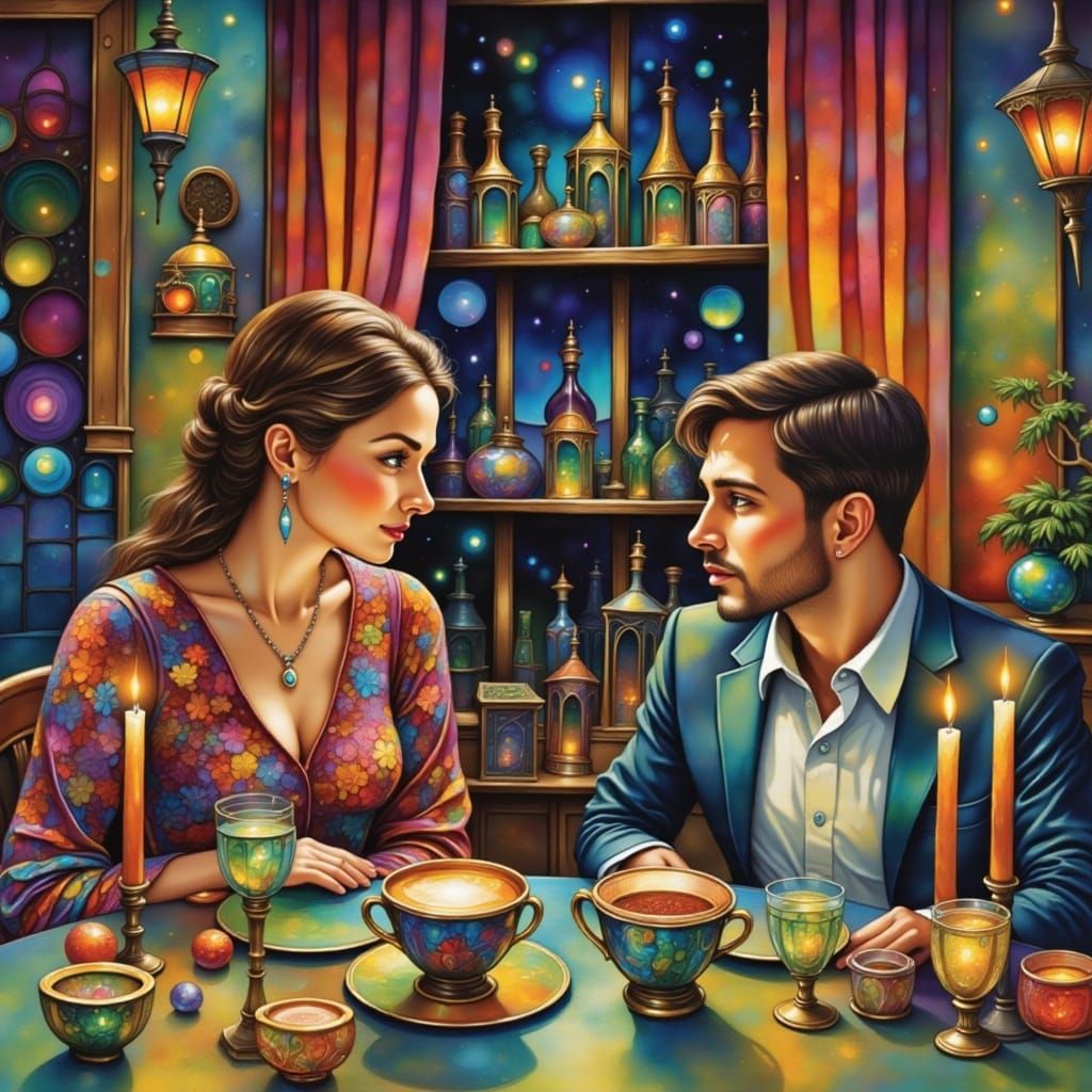 Young Couple Dining by Candlelight in Fauvist Style