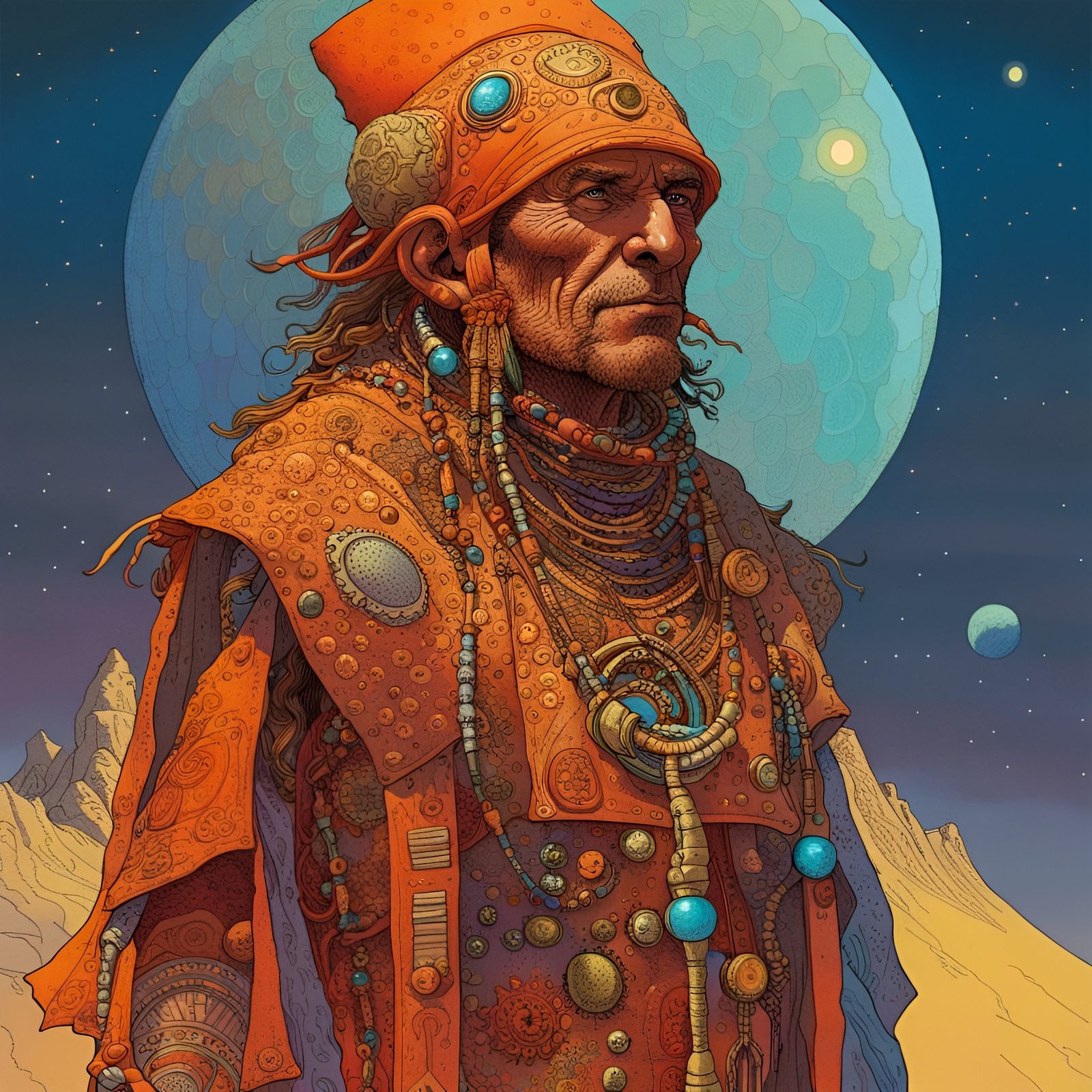 Ancient Astronaut Shaman Portrait in Moebius Style