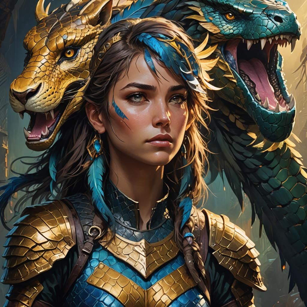 Fearless Girl and Anaconda in Dark Fantasy Style