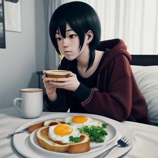 Anime Style Breakfast in Bed: 3D Render