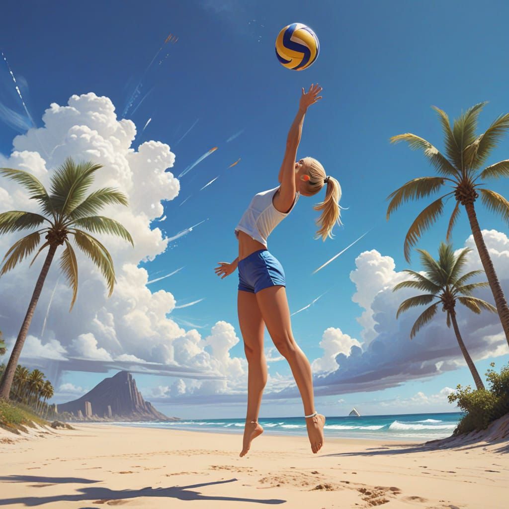 Futuristic Beach Volleyball Player in Mid-Air Spike