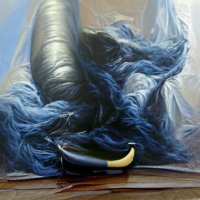 Hairy Blue Banana on Black Canvas: Gurney-esque Oil
