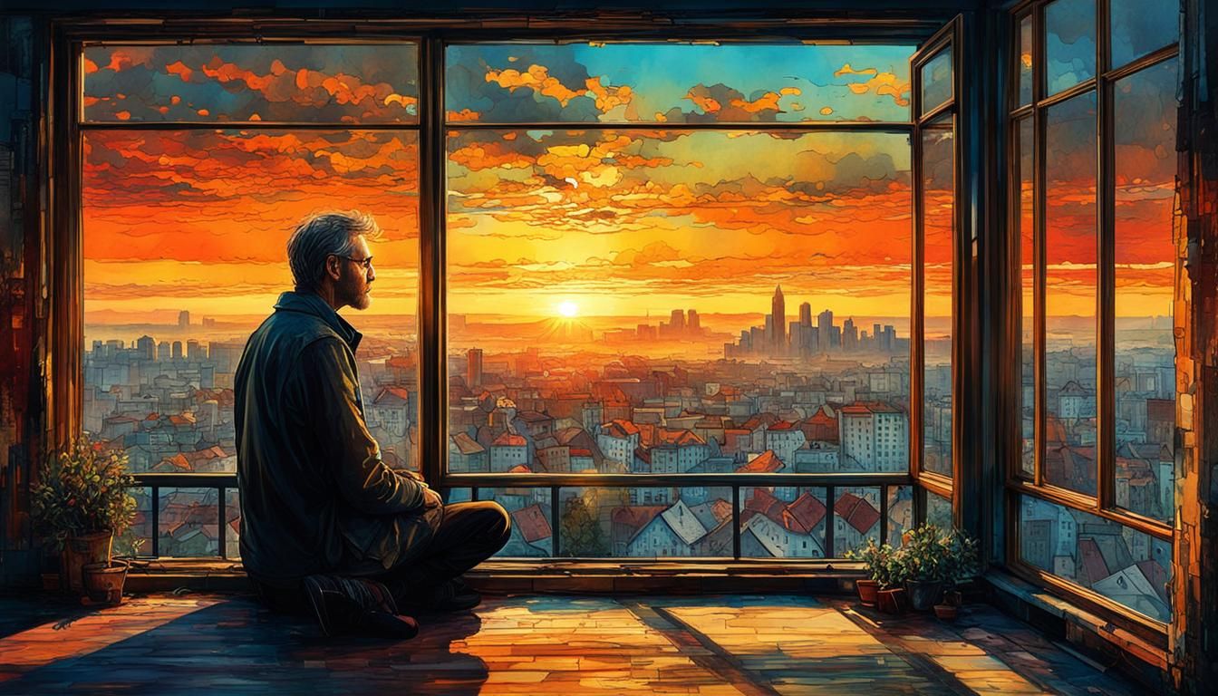 Sad Man Gazes at Sunset Cityscape in Aquarell Style