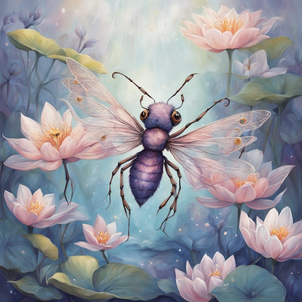 Whimsical Insect with Translucent Wings in a Dreamy Floral S...