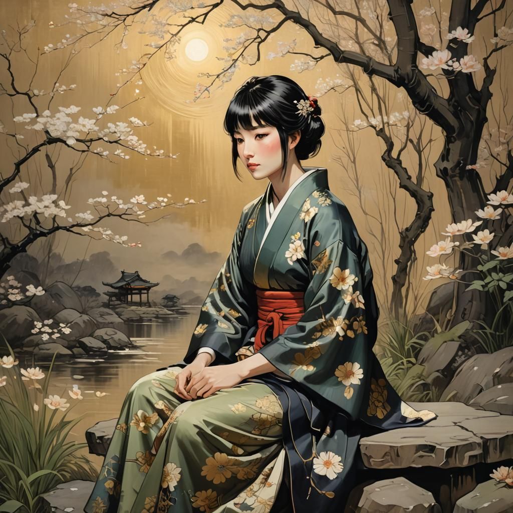 Manga Woman in Van Gogh Style with Obsidian Pet