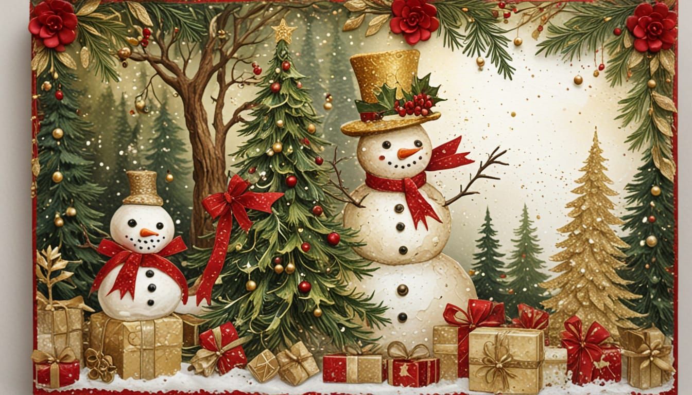 Whimsical Snowman Christmas Forest in Alcohol Ink