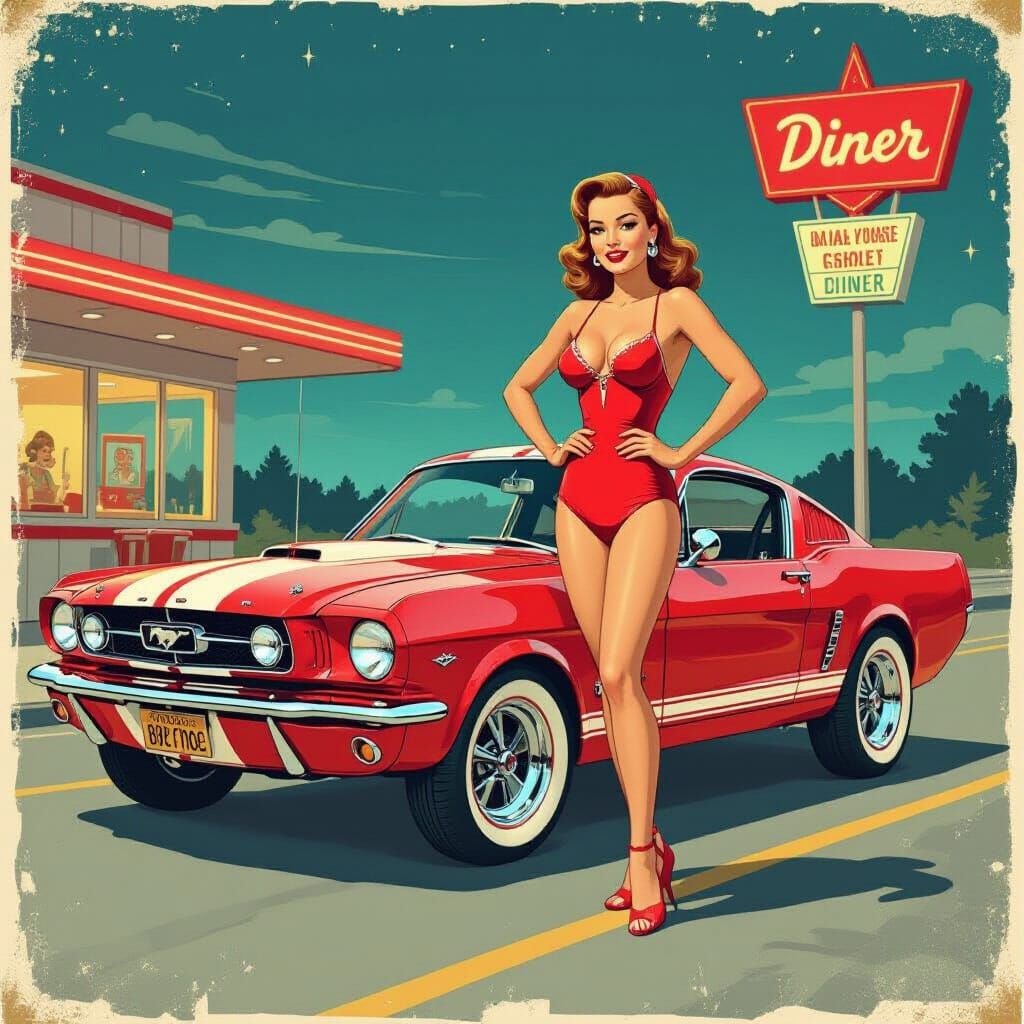 Pinup Girl with Poppy Red Mustang in Retro Diner Glow