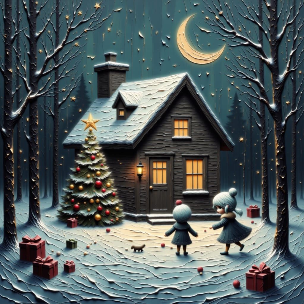 Children Play by Moonlit Christmas Cabin in Snowy Woods