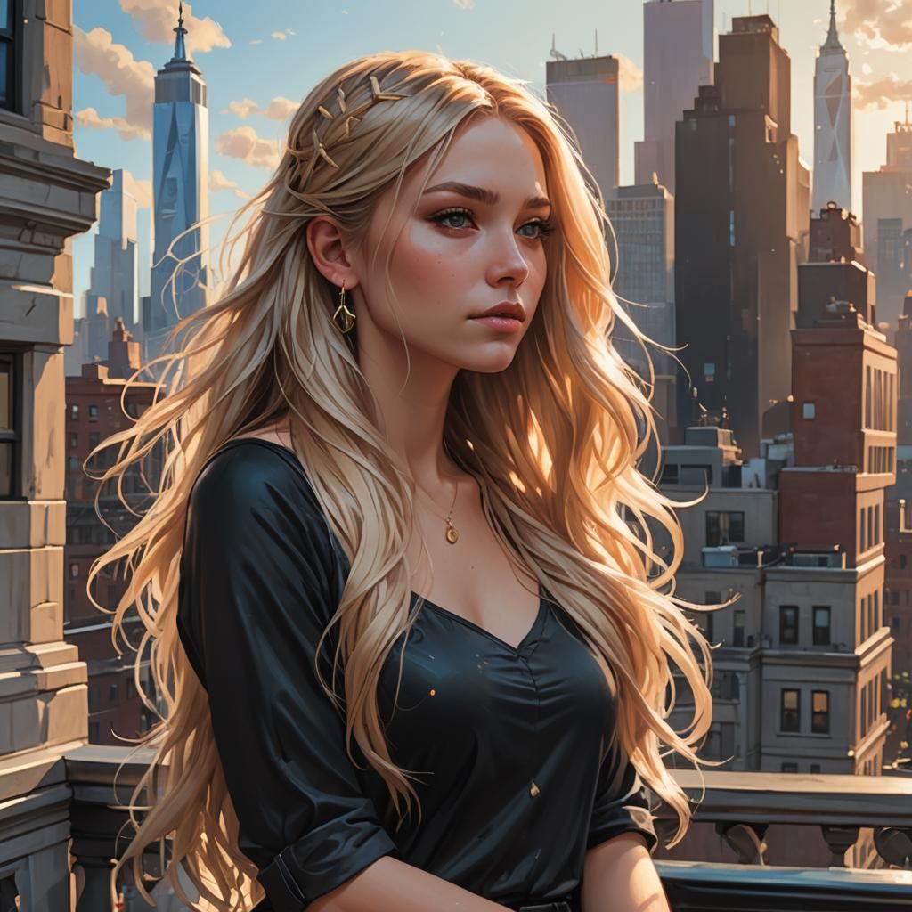 Blonde on Balcony Overlooking New York in Detailed Art