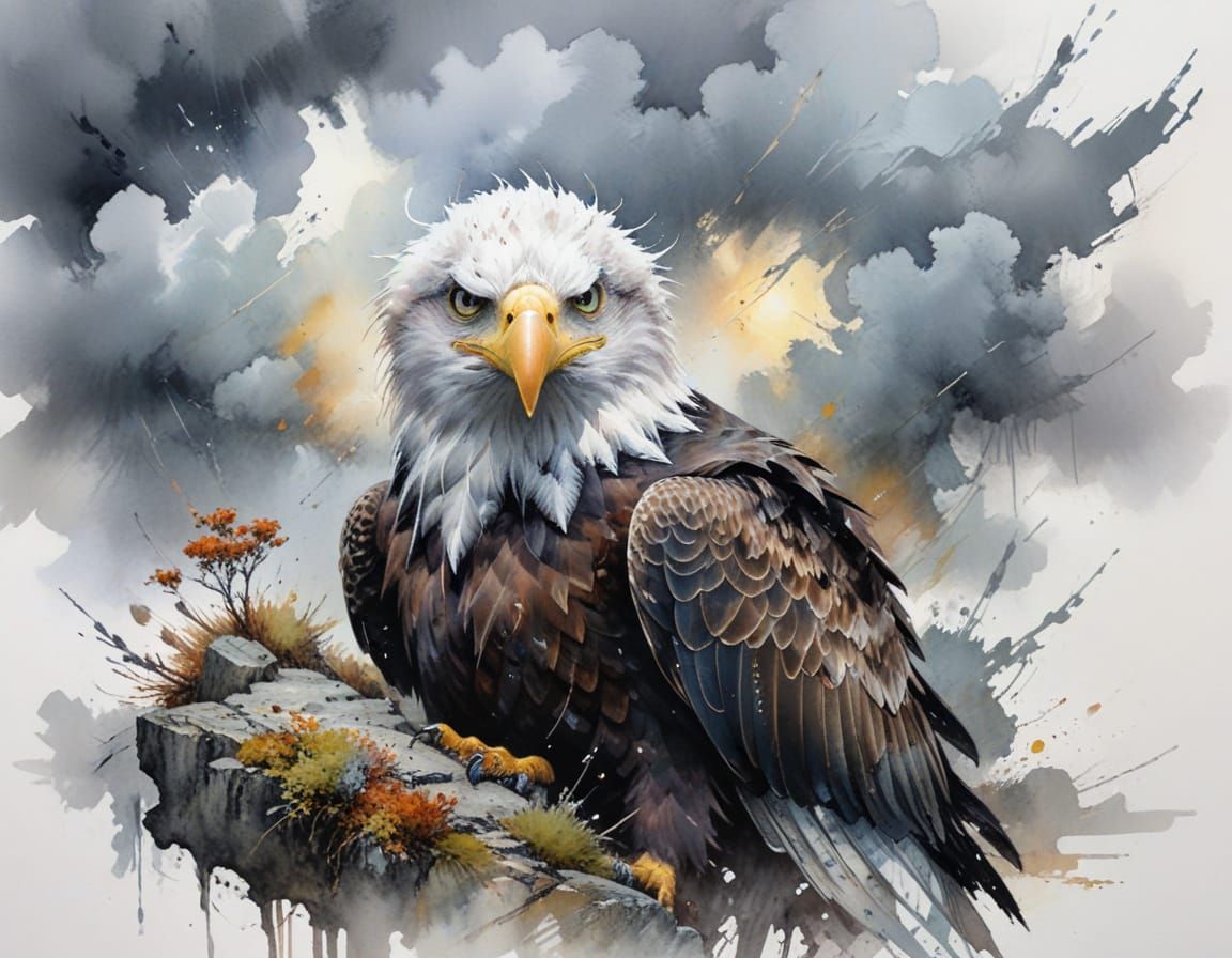 Bald Eagle on Sea Cliff in Stormy Pastel Watercolour