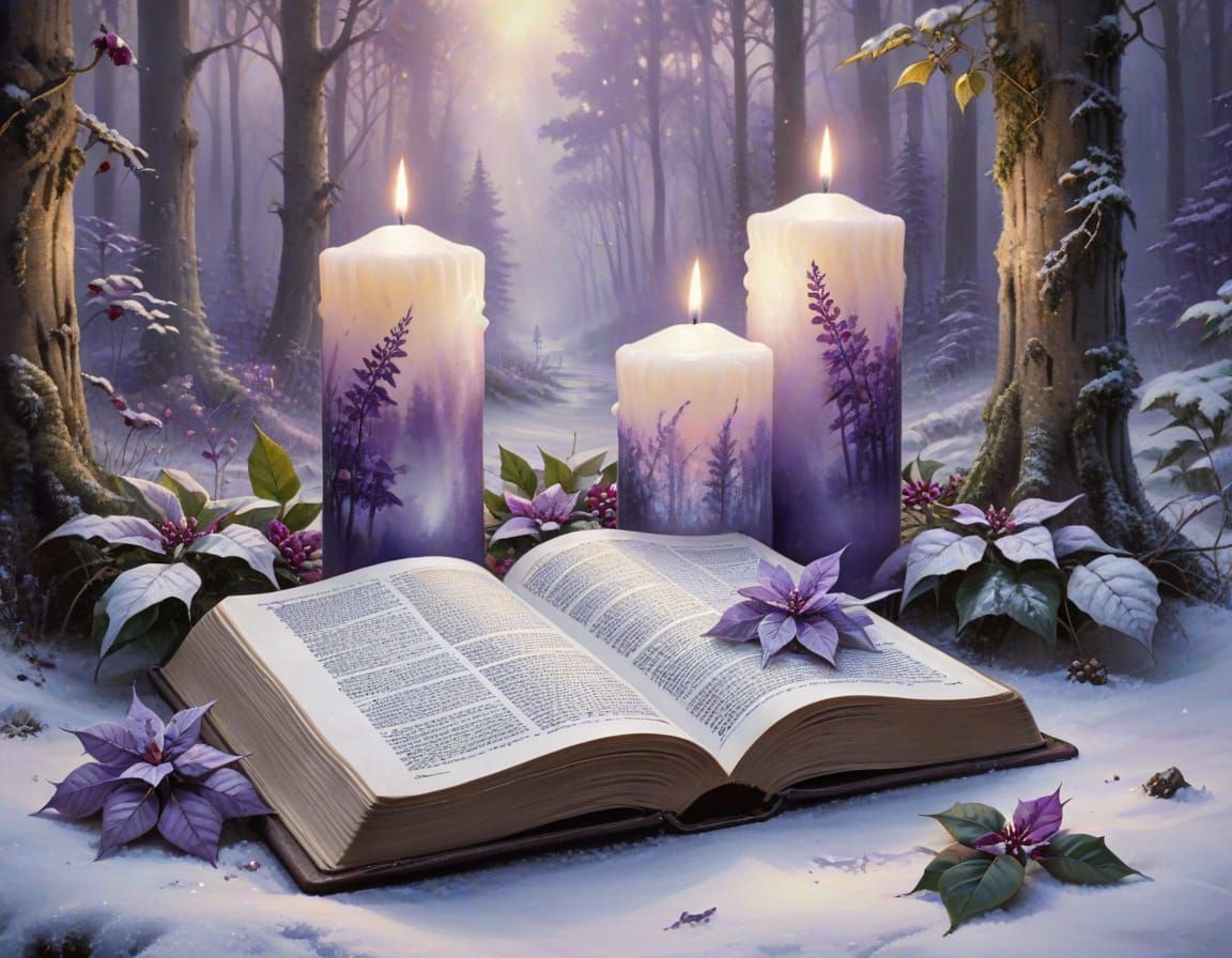 Candles and Bible in Snowy Forest Clearing