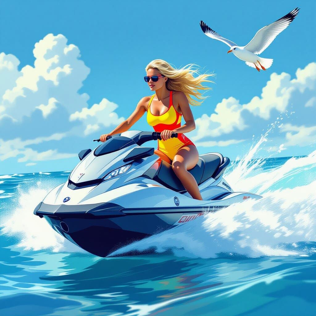 Woman on Jet Ski in Futuristic Style