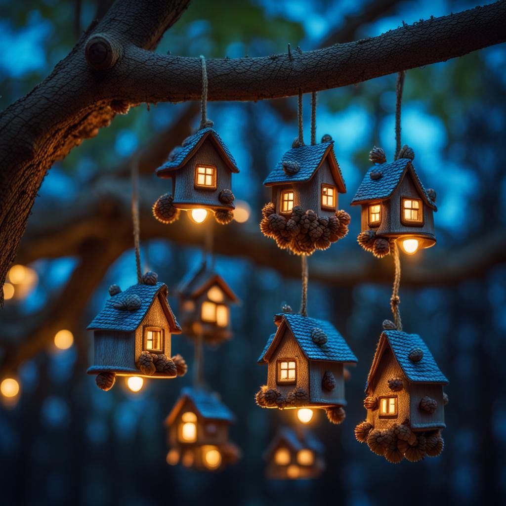 Illuminated Forest Houses Hanging on Oak Branch