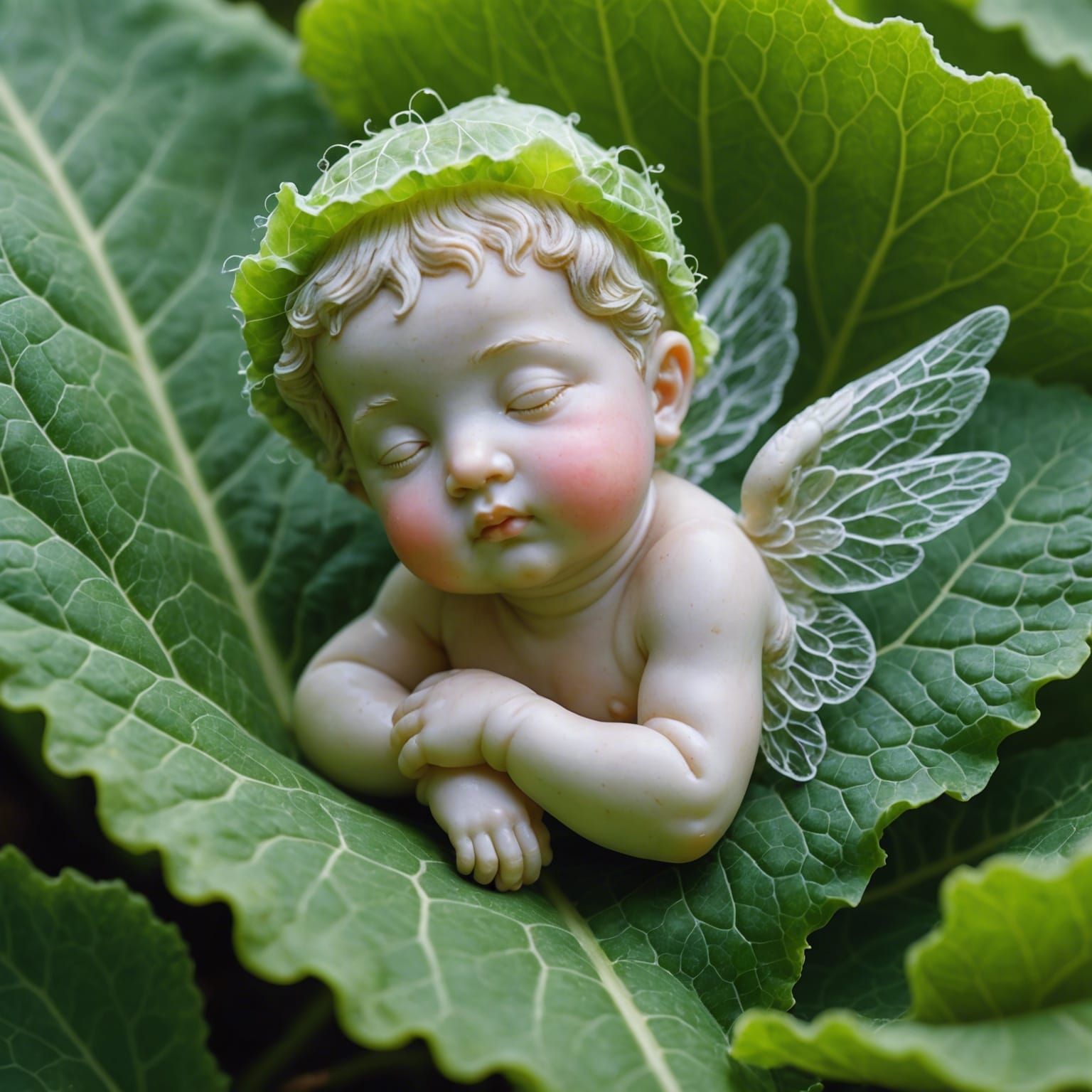 Ethereal Cherub on Cabbage Leaf: Surreal Macro Photography