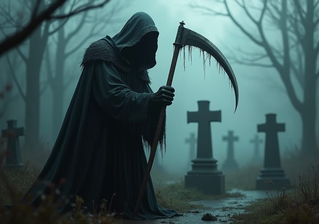 Grim Reaper in Cemetery: Dark Fantasy Comic Art
