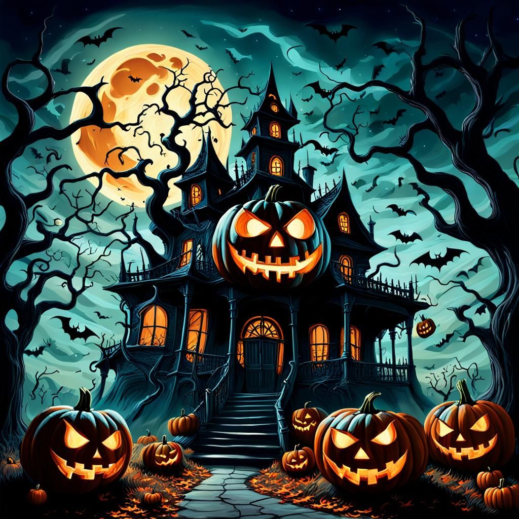 Surreal Halloween Scene with Giant Jack-o'-Lantern