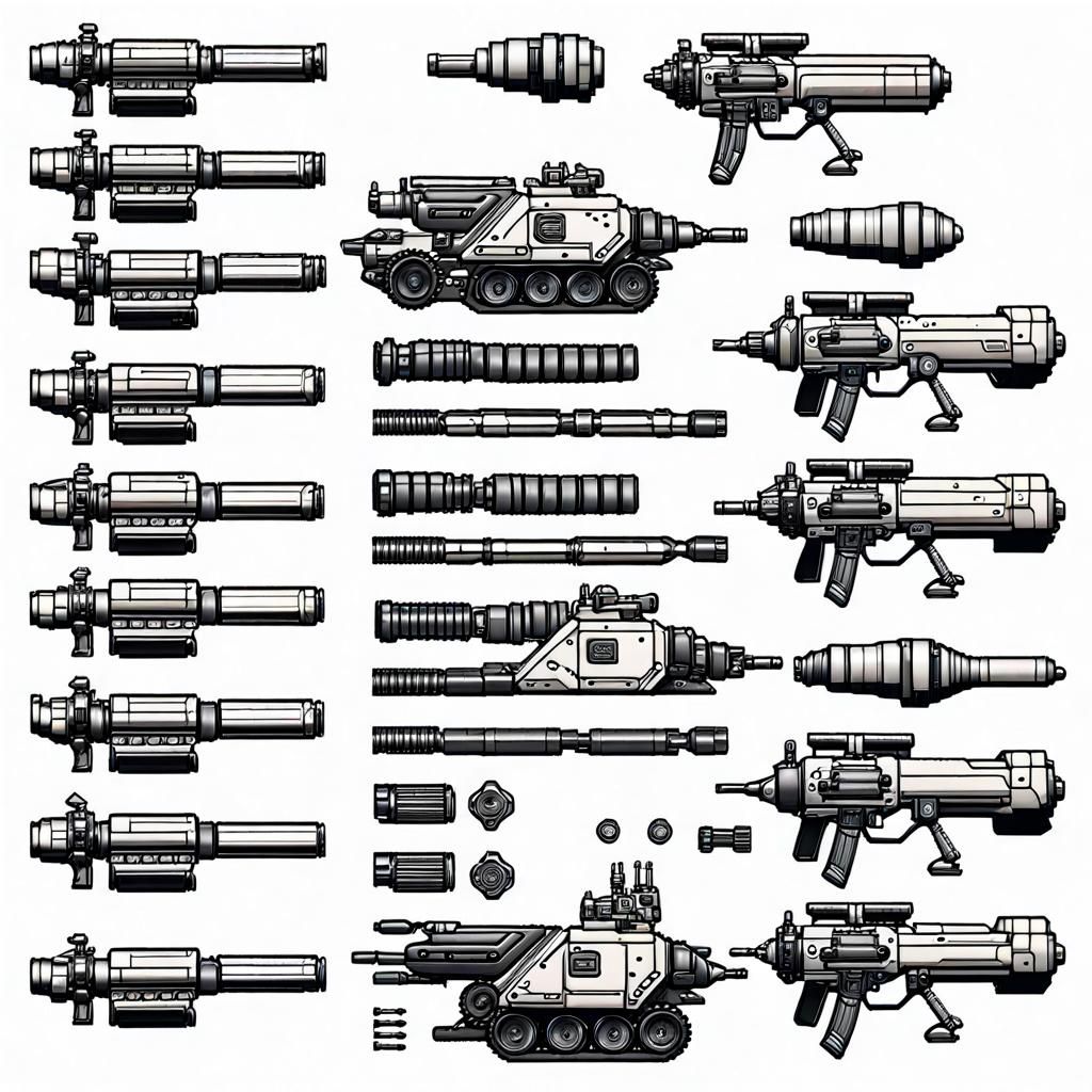 10 x 10 sprite sheet.  Gatling gun, and grenades. lines detail, black outlines.  mecha tank drone mounted guns, top view...