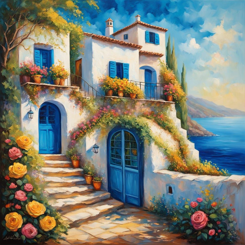 Mediterranean House with Roses as Impasto Oil Painting