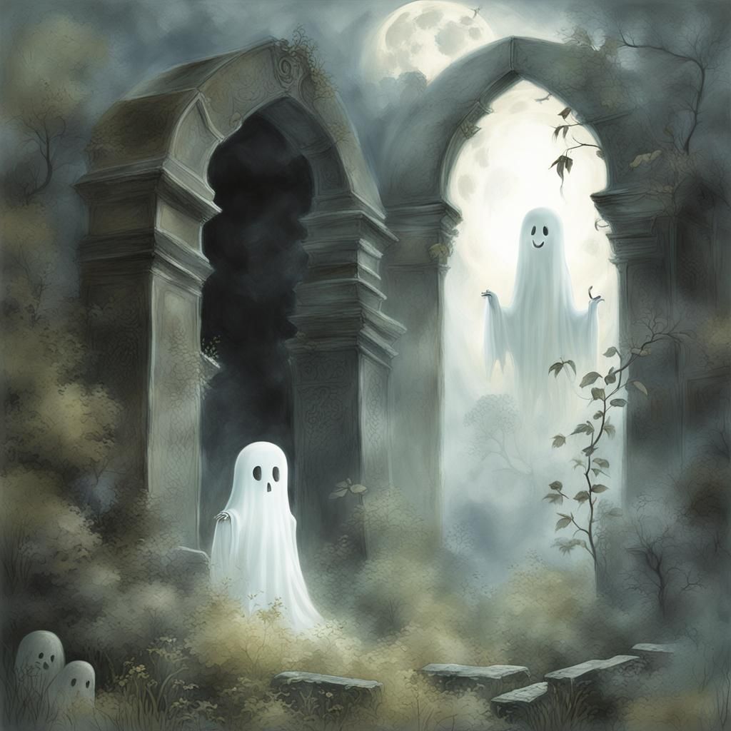 Cute Ghost Boy in Moonlit Graveyard: Fantasy Art