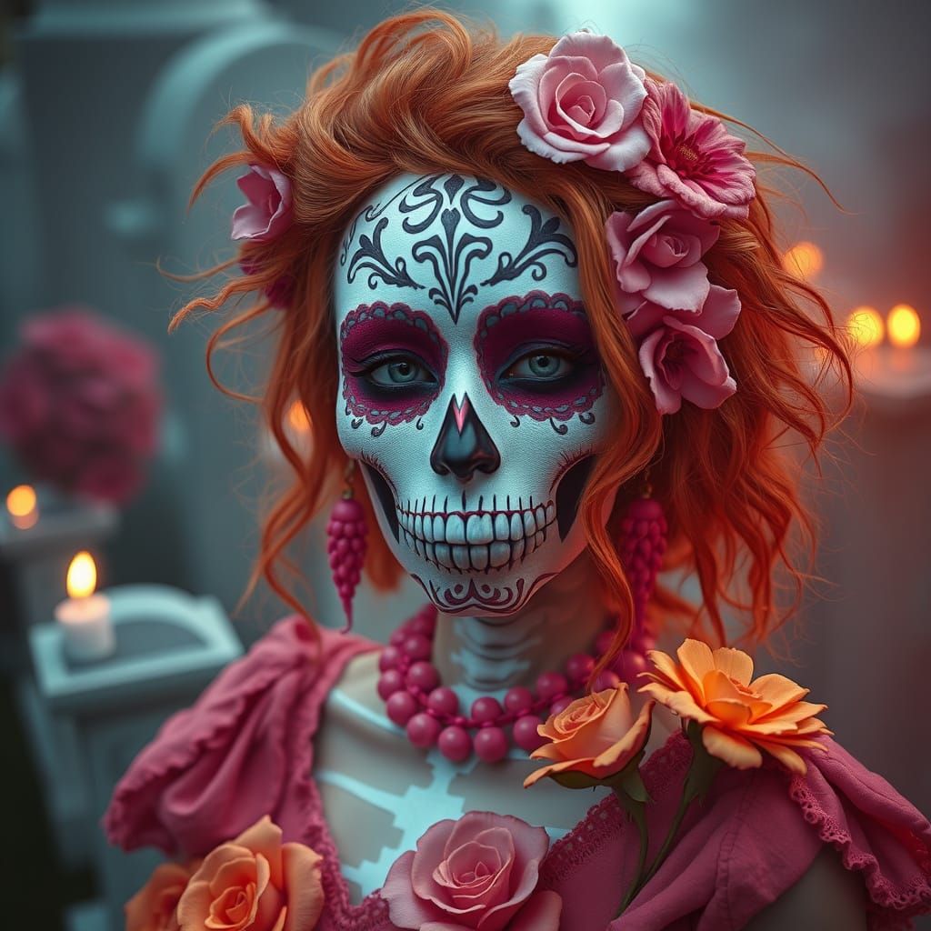 Dia De Los Muertos Sugarskull Woman in Foggy Graveyard